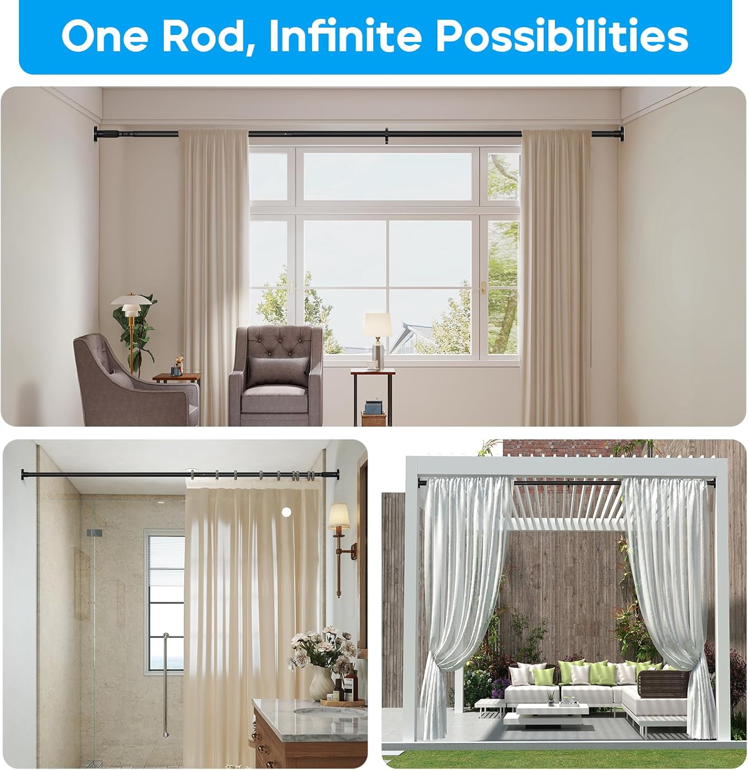 Tension Curtain Rod，40-166IN(3.33-13.83Ft) 2PCS One-Click Fast Extension Rod Easy to Install Black Long Outdoor Curtain Rods No Drilling Never Rust